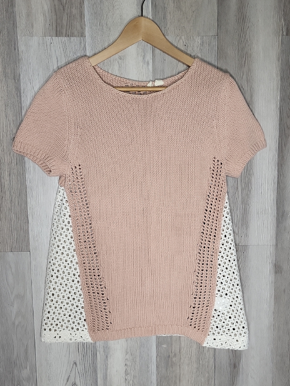 Moth Anthropologie Blush Pink Colorblock Knit‎ Top 100% Cotton Eyelet Sweater